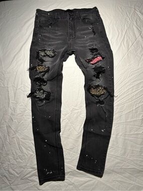 KDNK Black Distressed Paisley Patched Paint Splatter Denim Size 32